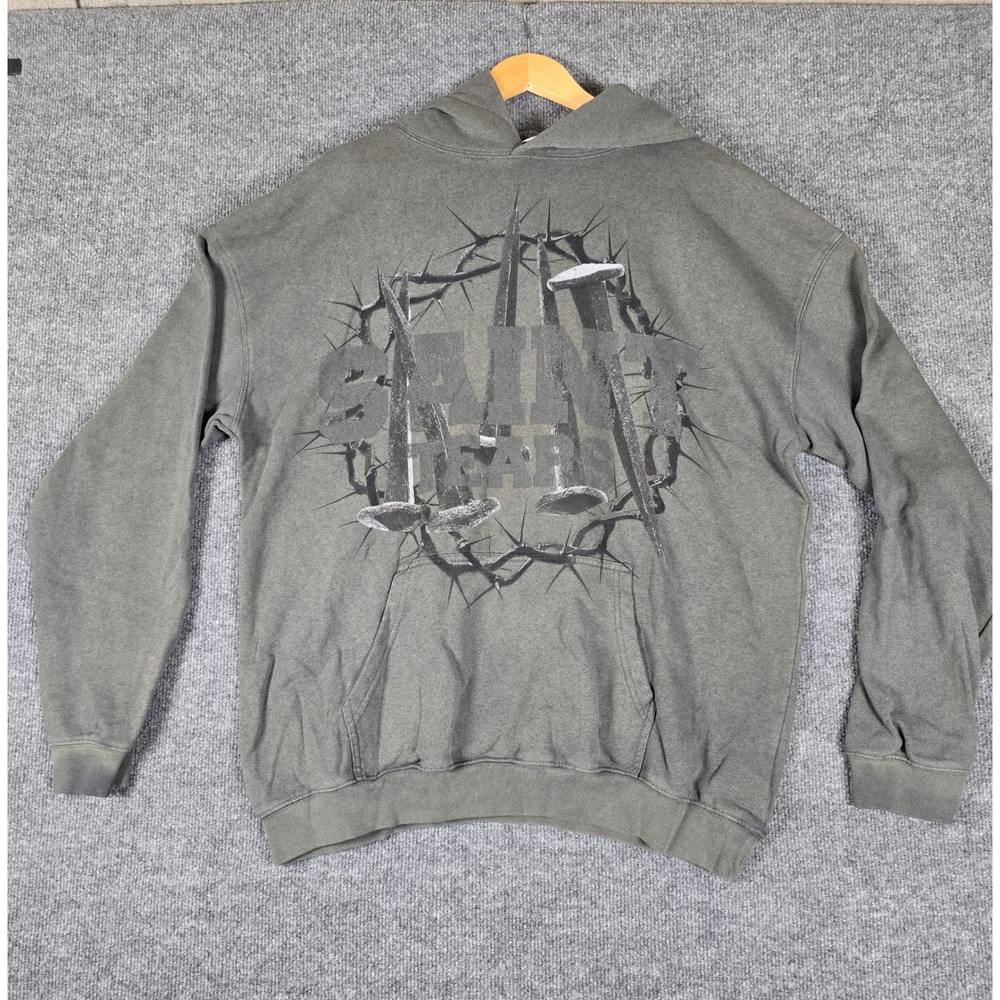 SAINT TEARS Graphic Hoodie Mens Size Large Grey Long Sleeve Pullover Crown Nails